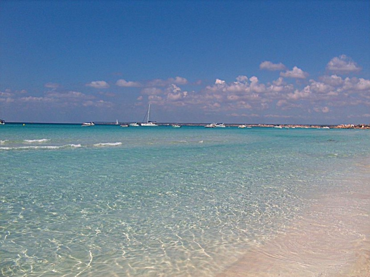 Sailing boats anchored on calm, clear water off the south coast of Mallorca